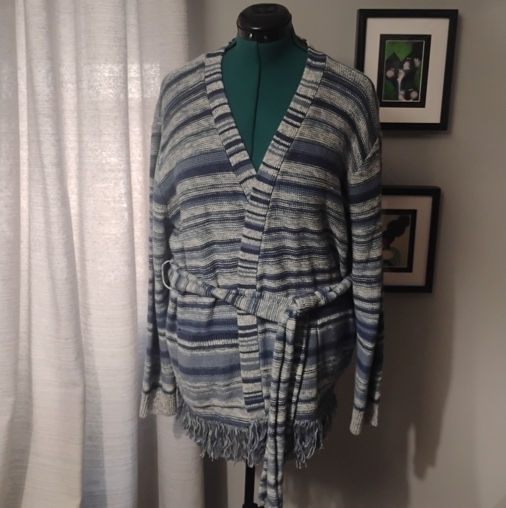 Lauren Ralph Lauren Striped Belted Linen-Cotton Knit Cardigan Blue White XL NWT - Picture 1 of 12